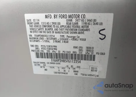 2015 Ford Taurus Sel из США, поврежденный, VIN 1FAHP2H85FG112254